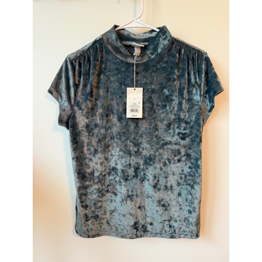 A New Day Womens Teal Blue Crushed Velvet Mock Neck Pleated Top NWT L